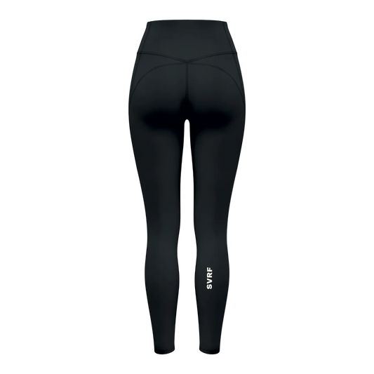SVRF High-Waisted Leggings in Black, back, contoured seam and SVRF down the calf