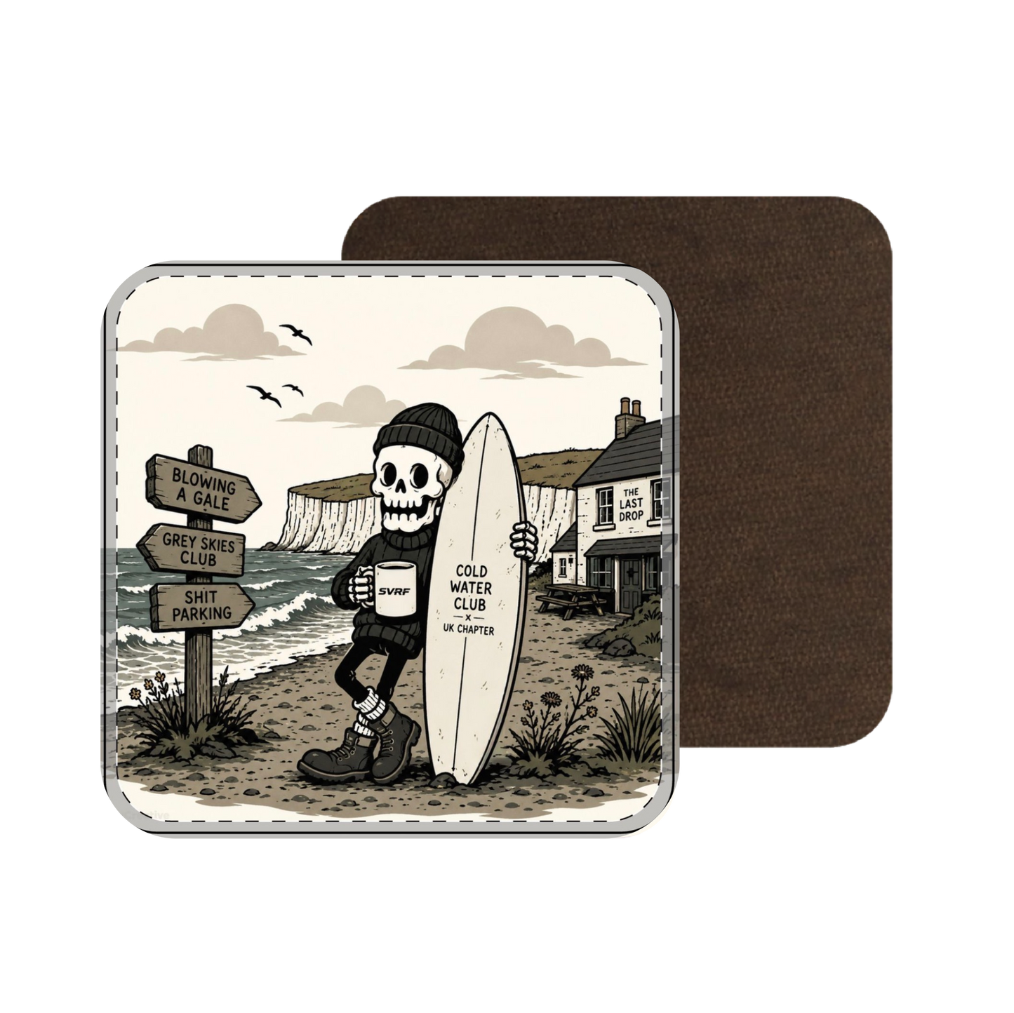 Skull Surfer Coaster — 'Cold Water Club' Beach Skull Surfing Drink Coaster