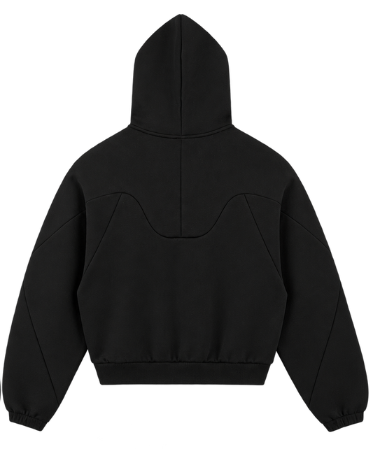 SVRF Raglan Hood in black, back, showing the wave-cut back yoke and raglan sleeves