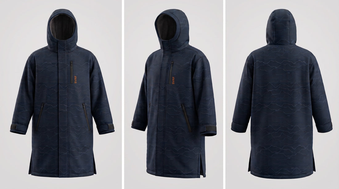 Three views of the SVRF Car Park Robe design render - front, three-quarter and back - in navy with a tonal wave-contour print, showing the fleece-lined hood, chest zip pocket, hand pockets and hem vents.