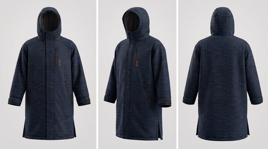 Three views of the SVRF Car Park Robe design render - front, three-quarter and back - in navy with a tonal wave-contour print, showing the fleece-lined hood, chest zip pocket, hand pockets and hem vents.