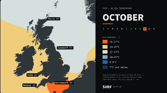 Map of UK sea temperatures in October, warmest off Cornwall and the south coast