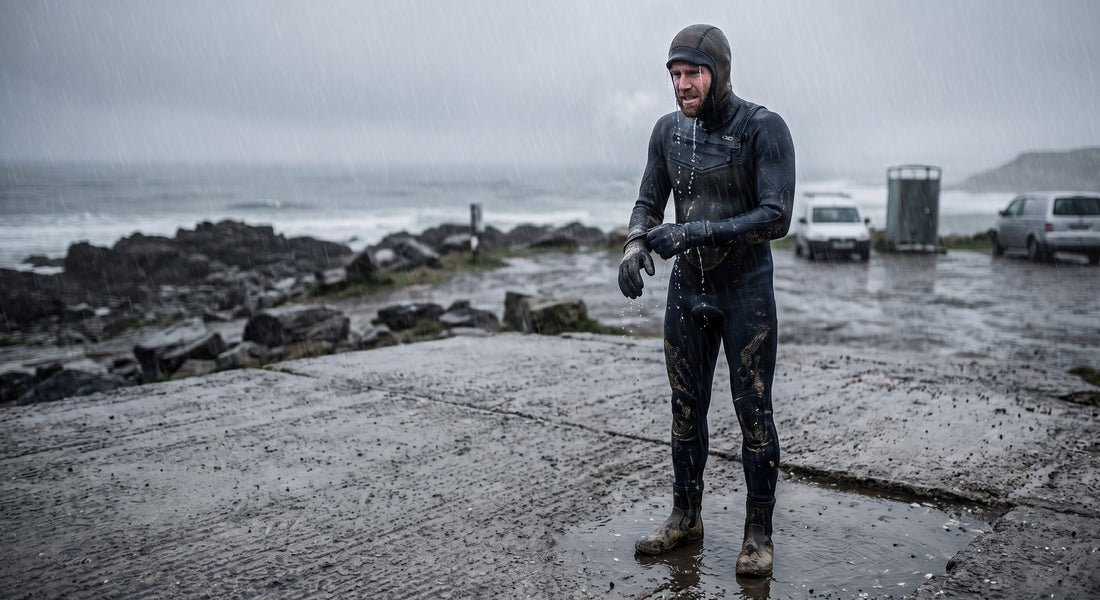 A surfer in a hooded winter wetsuit, boots and gloves standing on a wet concrete slipway in driving rain, with a grey sea behind and cars parked at the top of the beach.