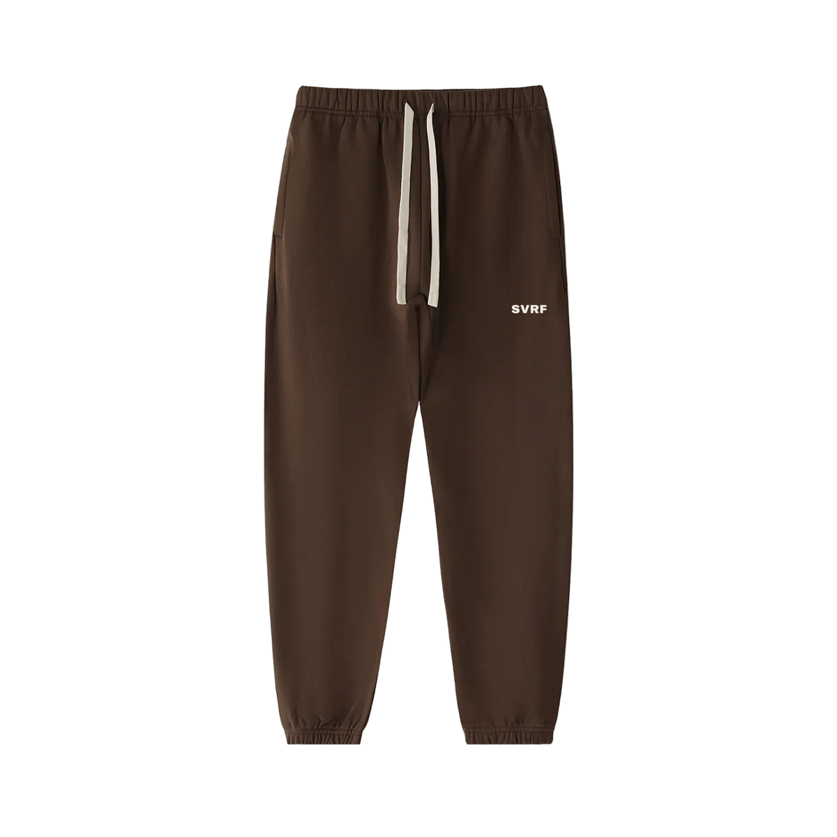 Coffee brown SVRF Core Sweatpants, front, showing the drawcord waist and the SVRF logo on the right thigh