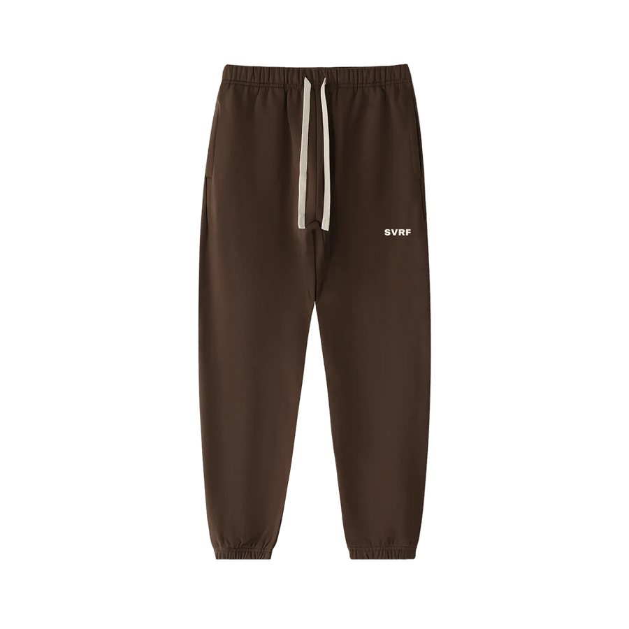Coffee brown SVRF Core Sweatpants, front, showing the drawcord waist and the SVRF logo on the right thigh