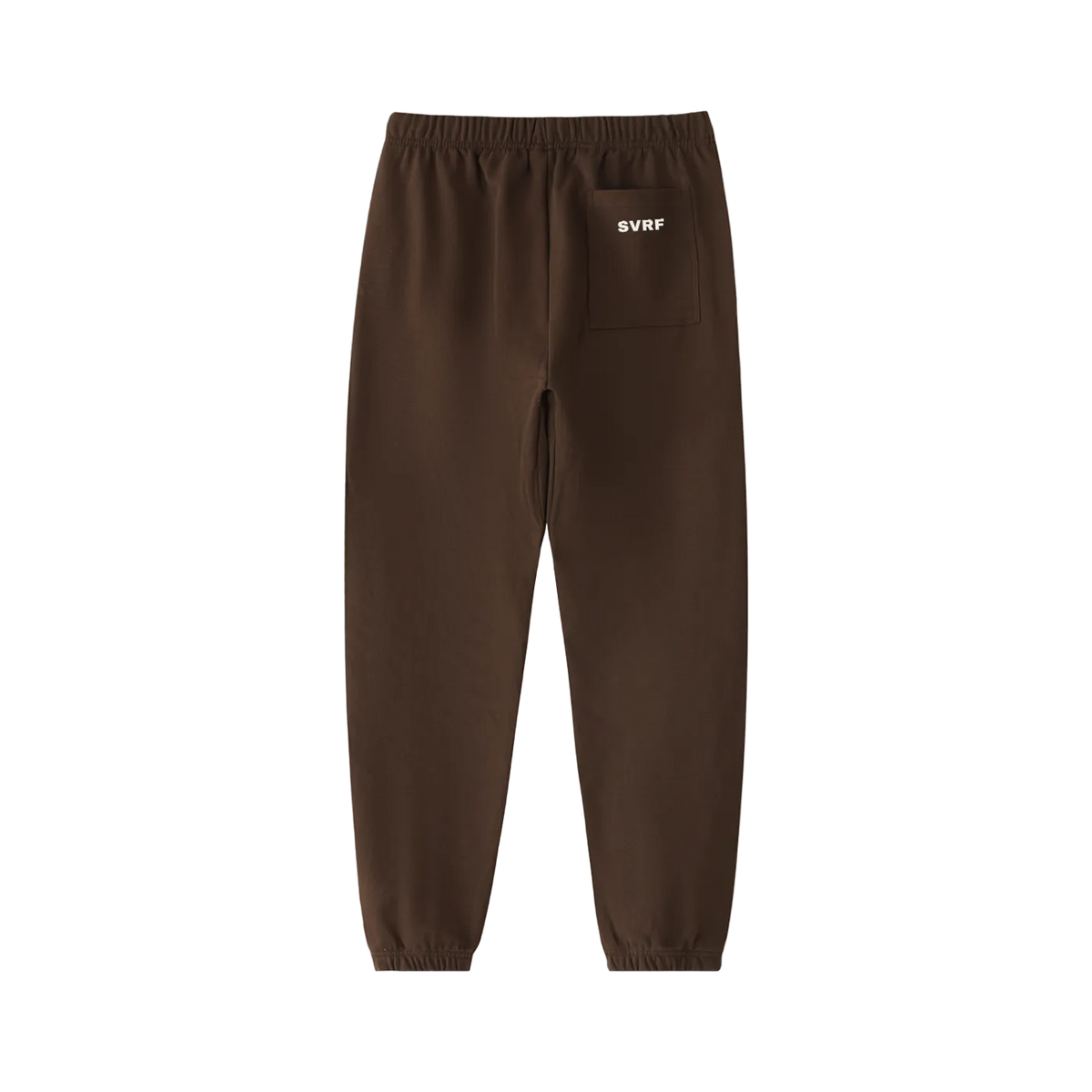Coffee brown SVRF Core Sweatpants, back, showing the rear patch pocket and cuffed ankles