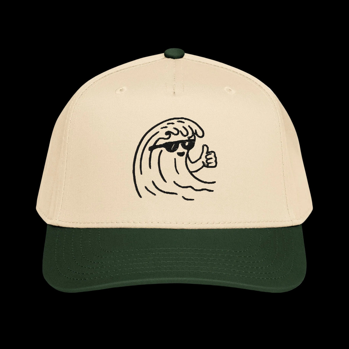 SVRF Low Tide 5 Panel Cap, dark green and natural, shown from the front with the wave illustration