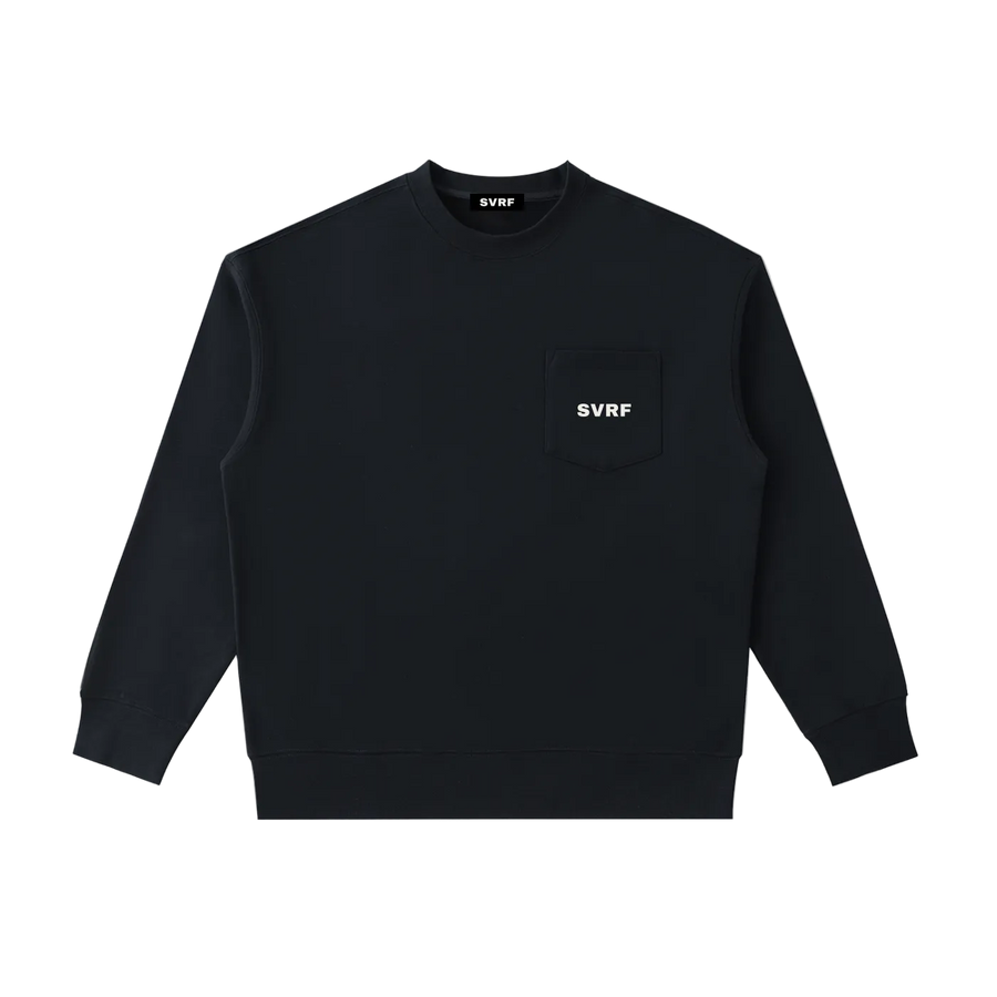 SVRF Pocket Crew sweatshirt in Black, shown from the front with a small SVRF logo