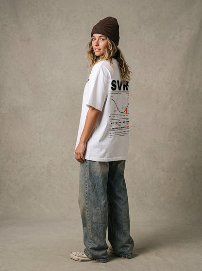 SVRF Forecast Tee in white, styled with a brown beanie and wide jeans, back three-quarter view