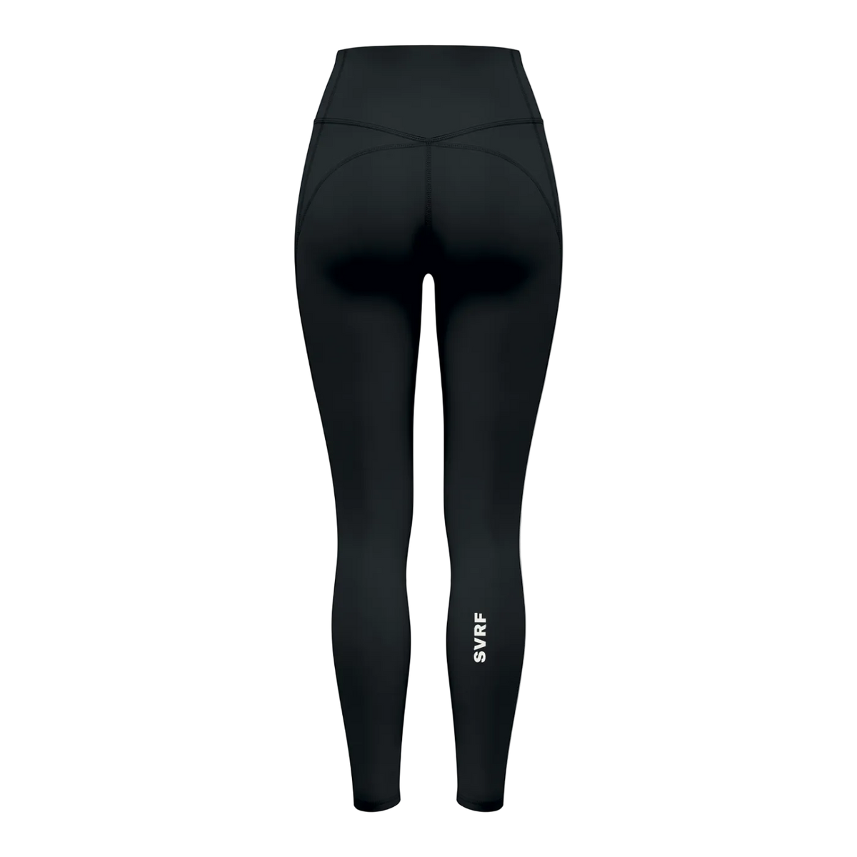 SVRF High-Waisted Leggings in Black, back, contoured seam and SVRF down the calf