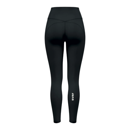 SVRF High-Waisted Leggings in Black, back, contoured seam and SVRF down the calf