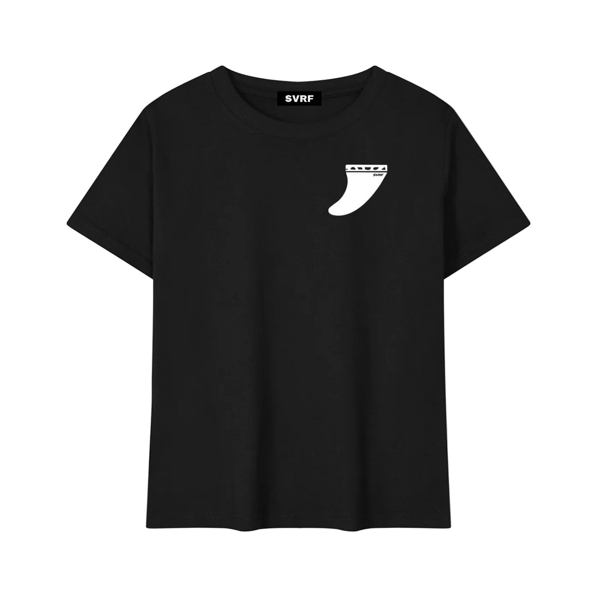 SVRF Fin Baby Tee in black, front view with white surf fin chest print