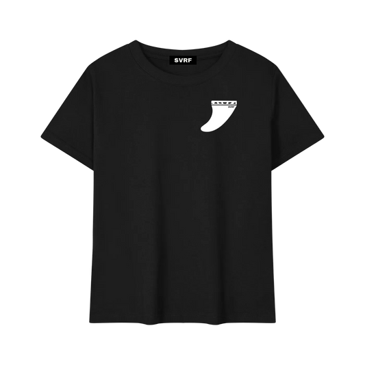 SVRF Fin Baby Tee in black, front view with white surf fin chest print