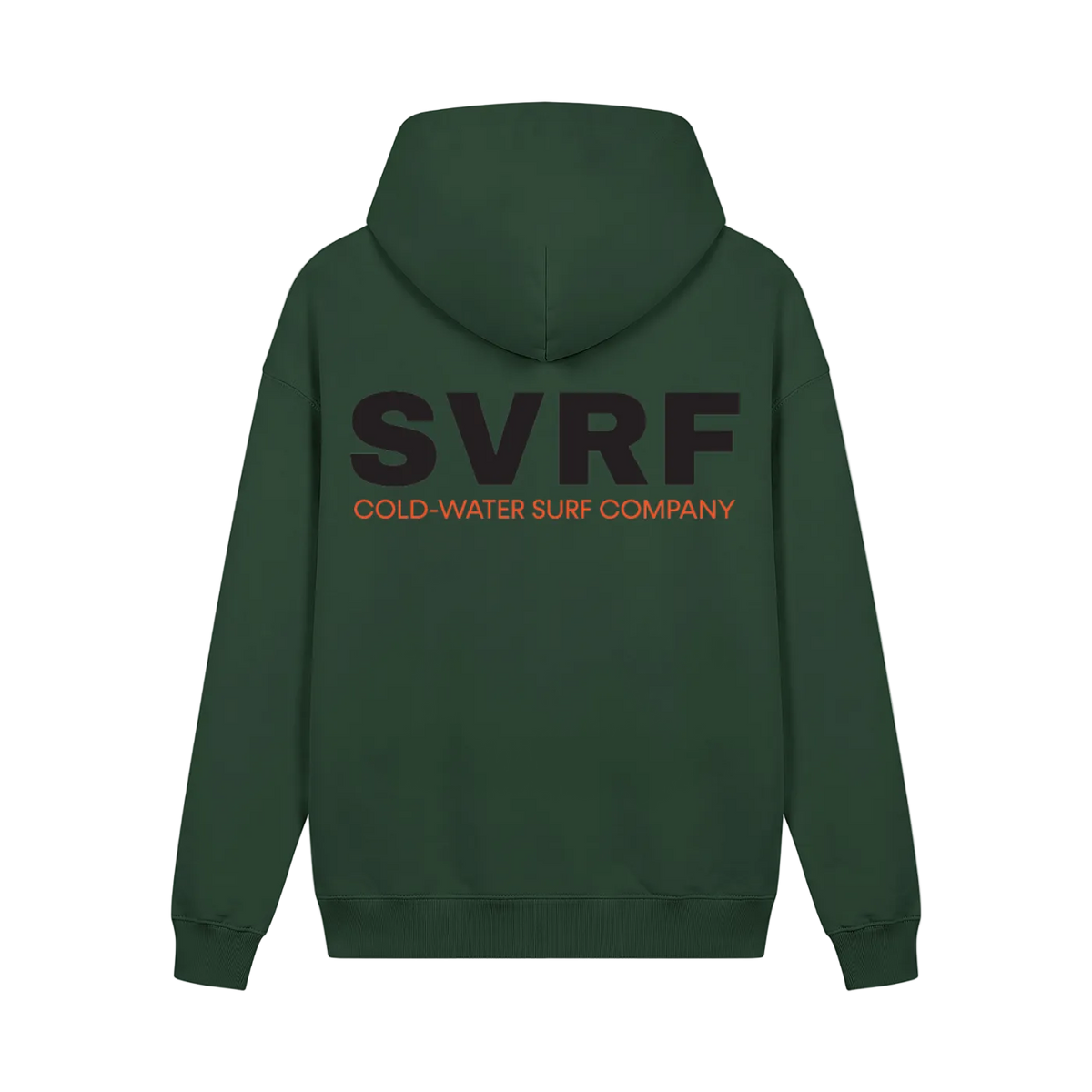 SVRF Core Hood in Forest, shown from the back with the large SVRF Cold-Water Surf Company print