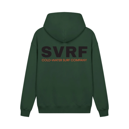 SVRF Core Hood in Forest, shown from the back with the large SVRF Cold-Water Surf Company print