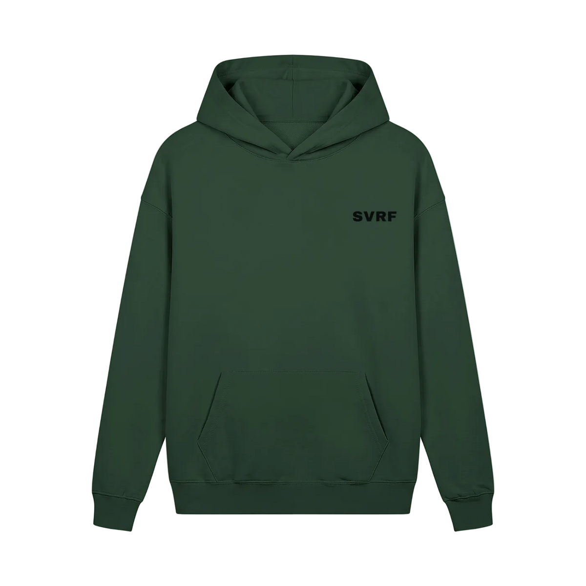 SVRF Core Hood in Forest, a deep bottle green heavyweight hooded sweatshirt, shown from the front