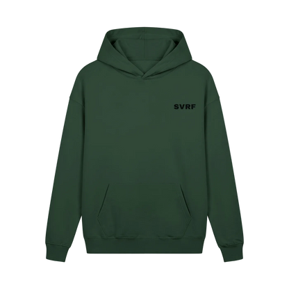 SVRF Core Hood in Forest, a deep bottle green heavyweight hooded sweatshirt, shown from the front