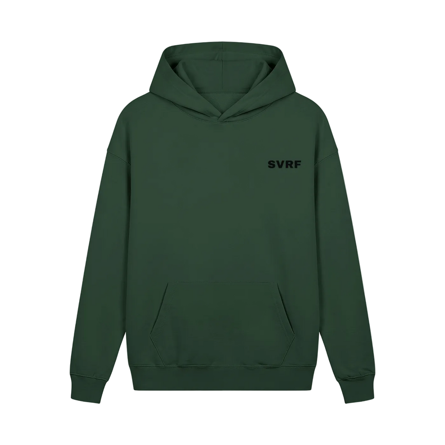 SVRF Core Hood in Forest, a deep bottle green heavyweight hooded sweatshirt, shown from the front