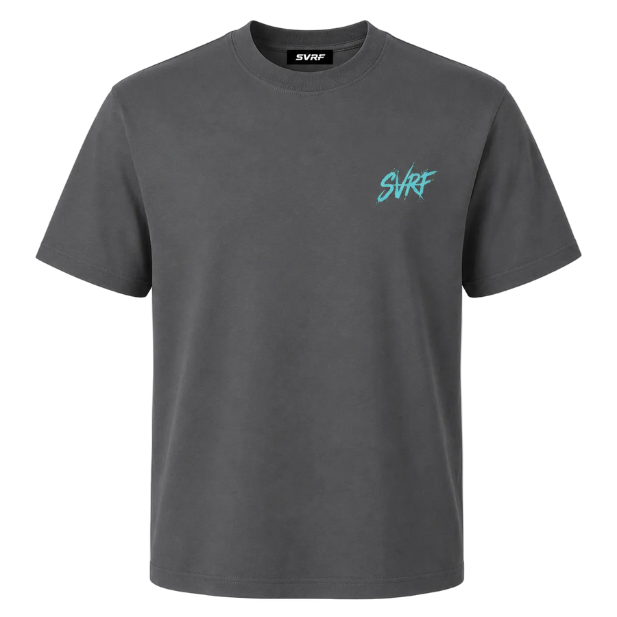 SVRF Car Park Tee in Charcoal, shown from the front with a small teal SVRF chest print