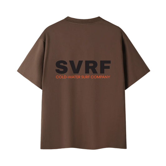 SVRF Core Tee in coffee, back view with SVRF Cold-Water Surf Company print