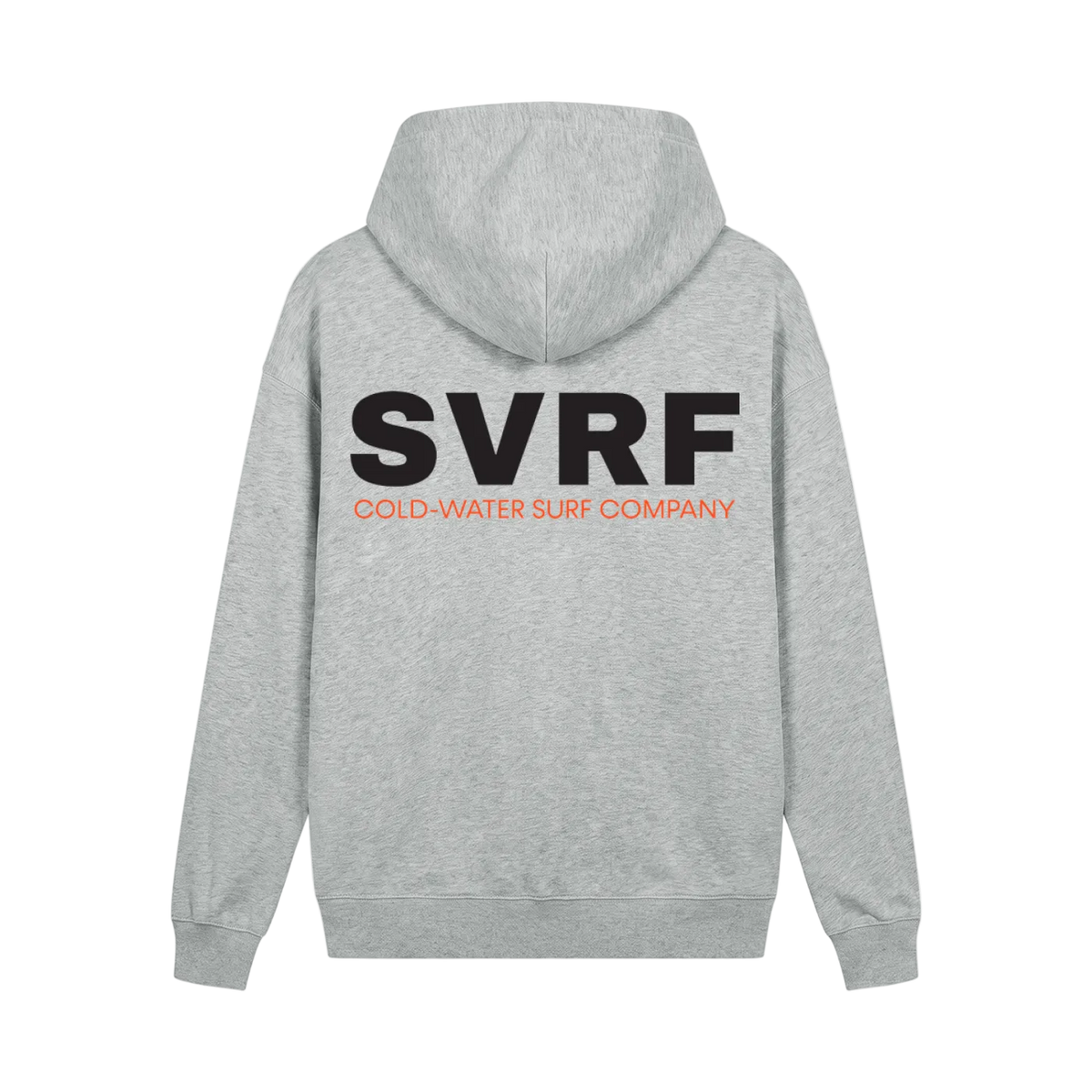 SVRF Core Hood in Grey Marl, shown from the back with the large SVRF Cold-Water Surf Company print