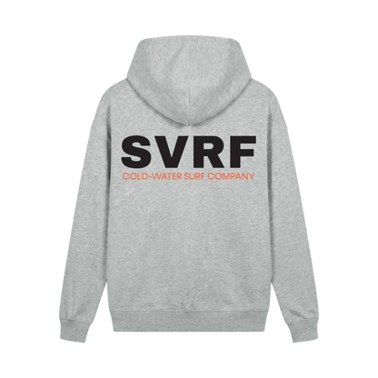 SVRF Core Hood in Grey Marl, shown from the back with the large SVRF Cold-Water Surf Company print