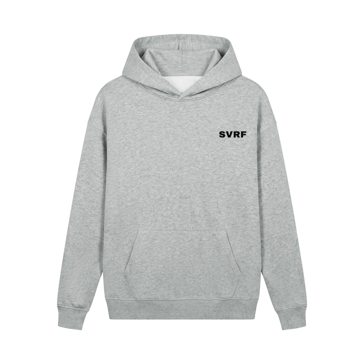 SVRF Core Hood in Grey Marl, a heathered grey heavyweight hooded sweatshirt, shown from the front