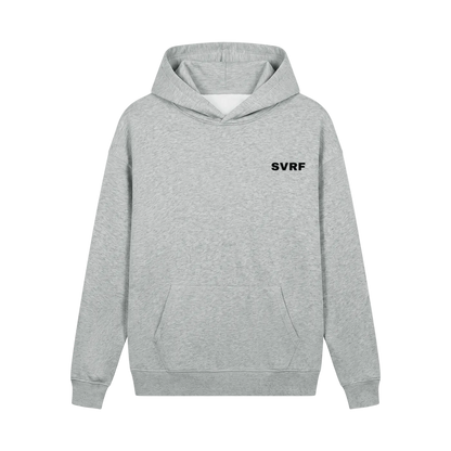 SVRF Core Hood in Grey Marl, a heathered grey heavyweight hooded sweatshirt, shown from the front