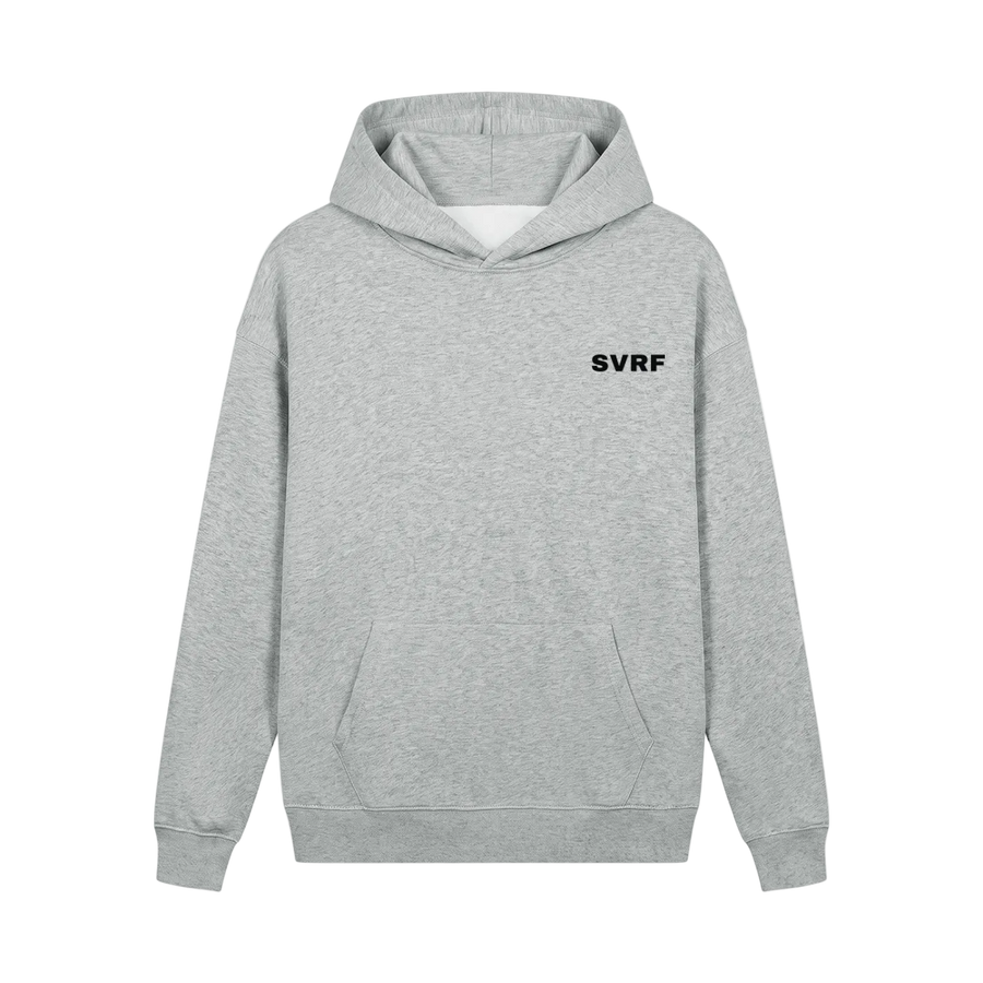 SVRF Core Hood in Grey Marl, a heathered grey heavyweight hooded sweatshirt, shown from the front