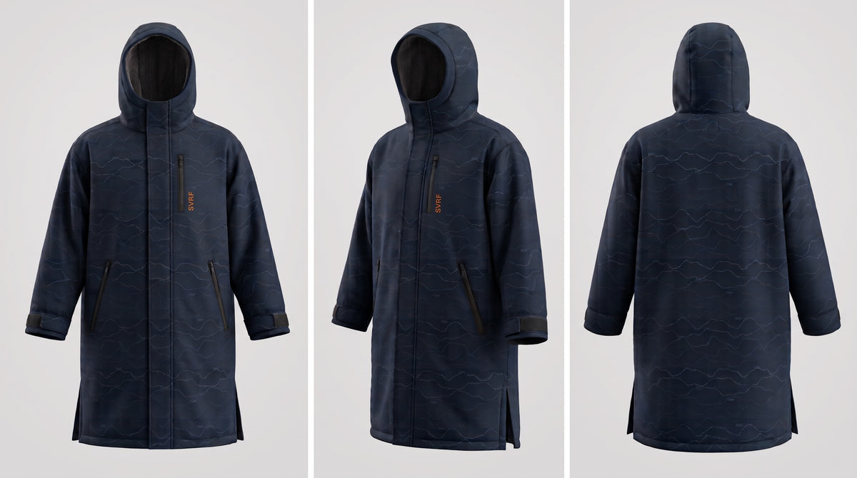 Four navy Car Park Robes shown side on, a computer render of the design in development