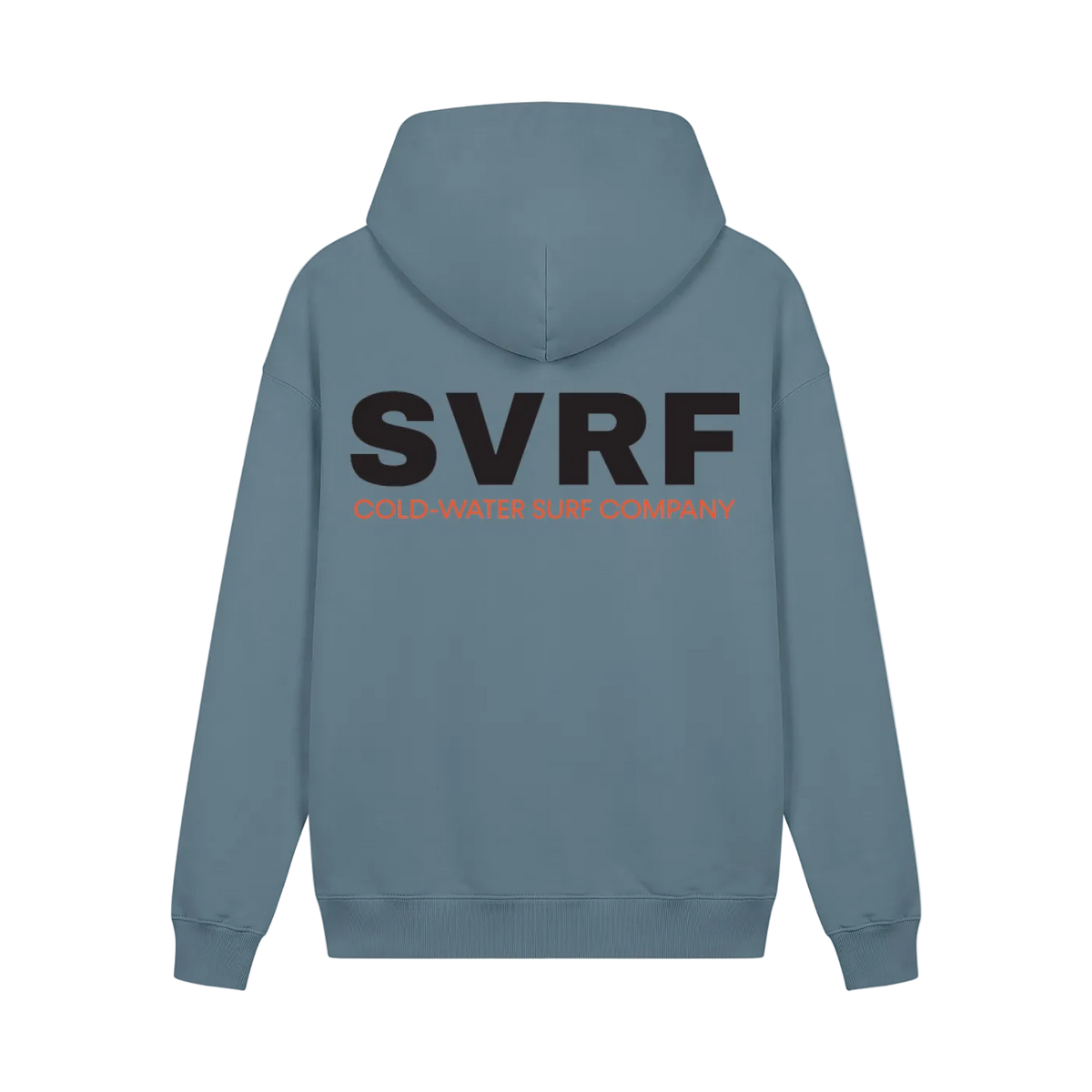 SVRF Core Hood in Slate, shown from the back with the large SVRF Cold-Water Surf Company print