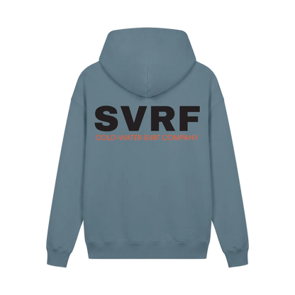 SVRF Core Hood in Slate, shown from the back with the large SVRF Cold-Water Surf Company print