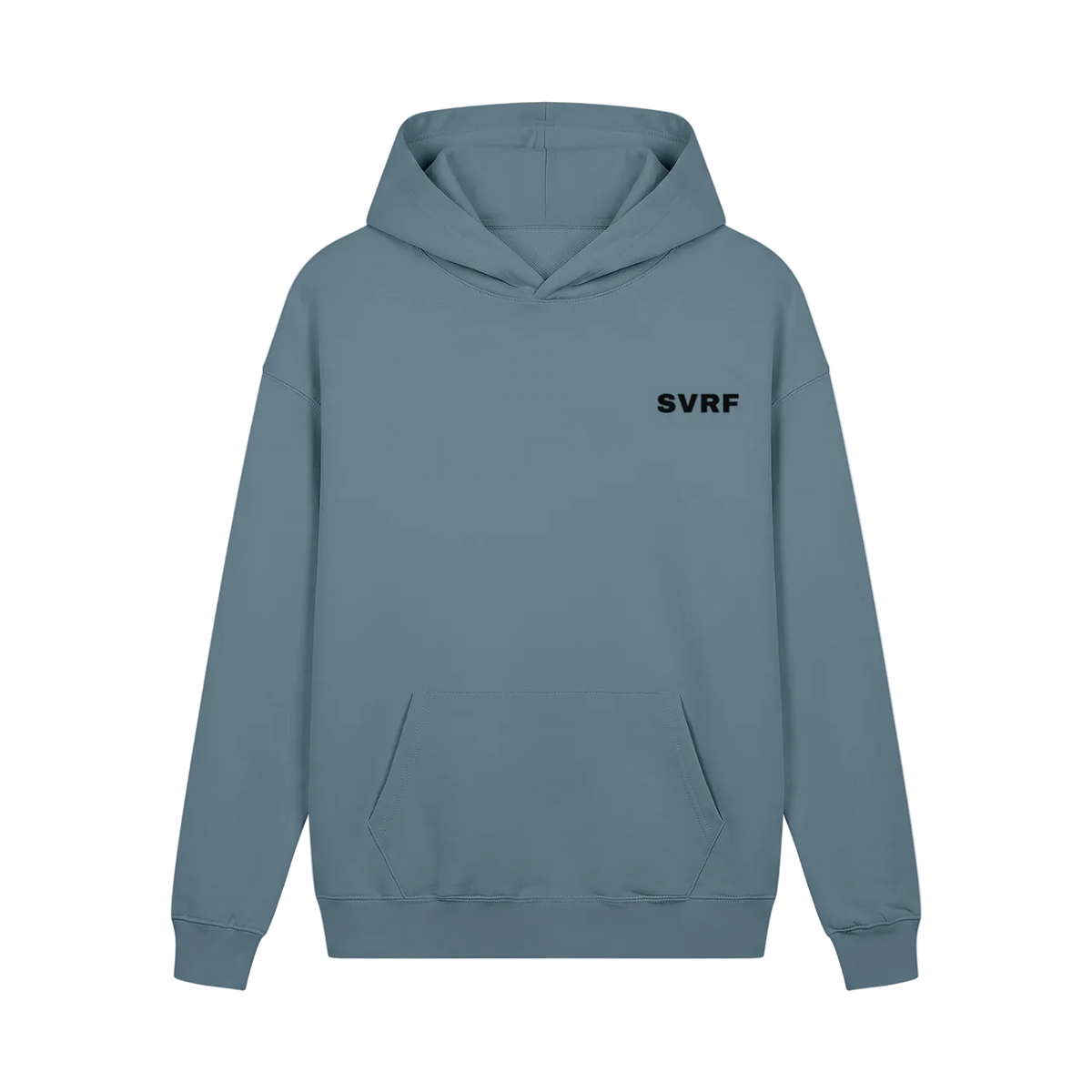 SVRF Core Hood in Slate, a muted blue-grey heavyweight hooded sweatshirt, shown from the front