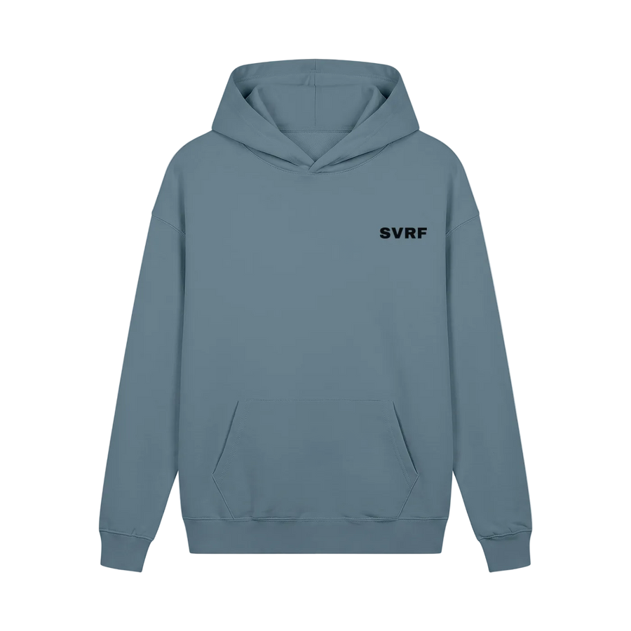 SVRF Core Hood in Slate, a muted blue-grey heavyweight hooded sweatshirt, shown from the front