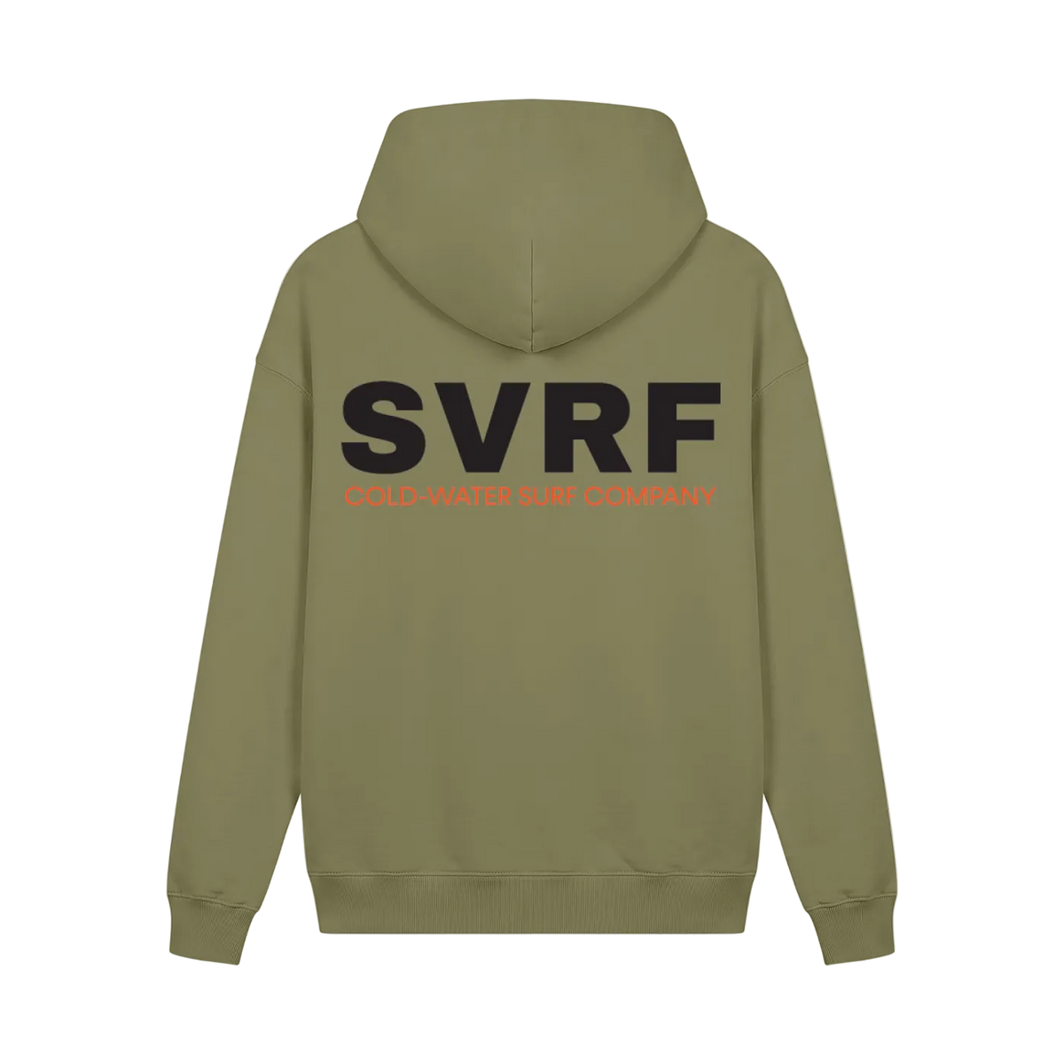 SVRF Core Hood in Olive, shown from the back with the large SVRF Cold-Water Surf Company print
