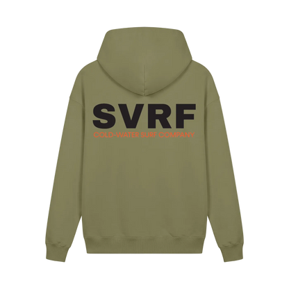 SVRF Core Hood in Olive, shown from the back with the large SVRF Cold-Water Surf Company print