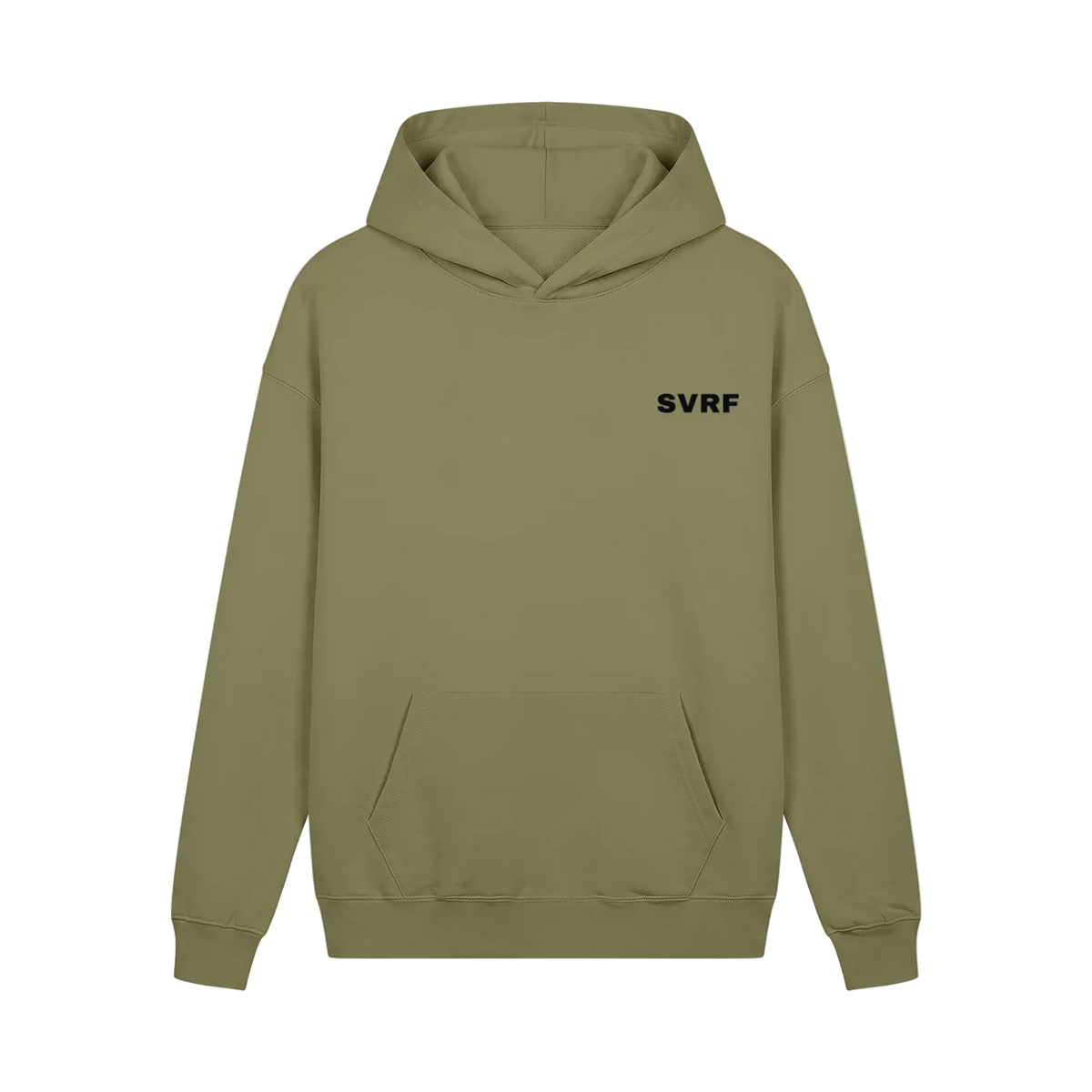 SVRF Core Hood in Olive, a muted green heavyweight hooded sweatshirt, shown from the front