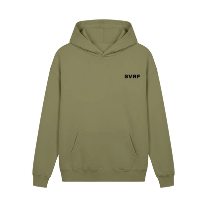 SVRF Core Hood in Olive, a muted green heavyweight hooded sweatshirt, shown from the front