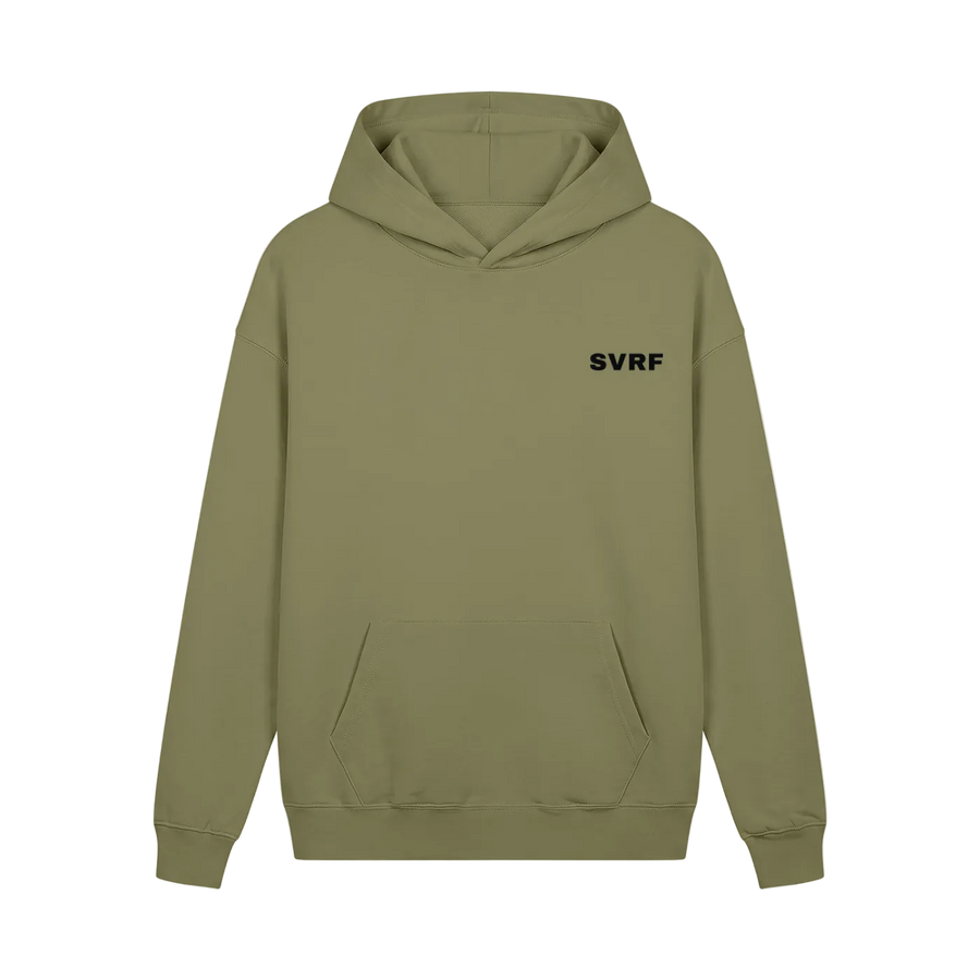 SVRF Core Hood in Olive, a muted green heavyweight hooded sweatshirt, shown from the front