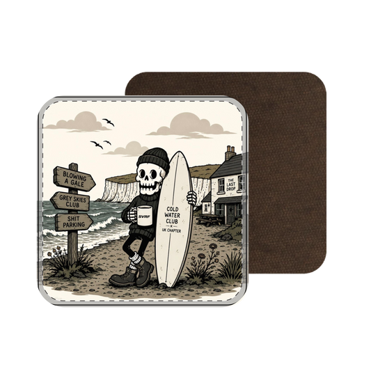 Skull Surfer Coaster — 'Cold Water Club' Beach Skull Surfing Drink Coaster