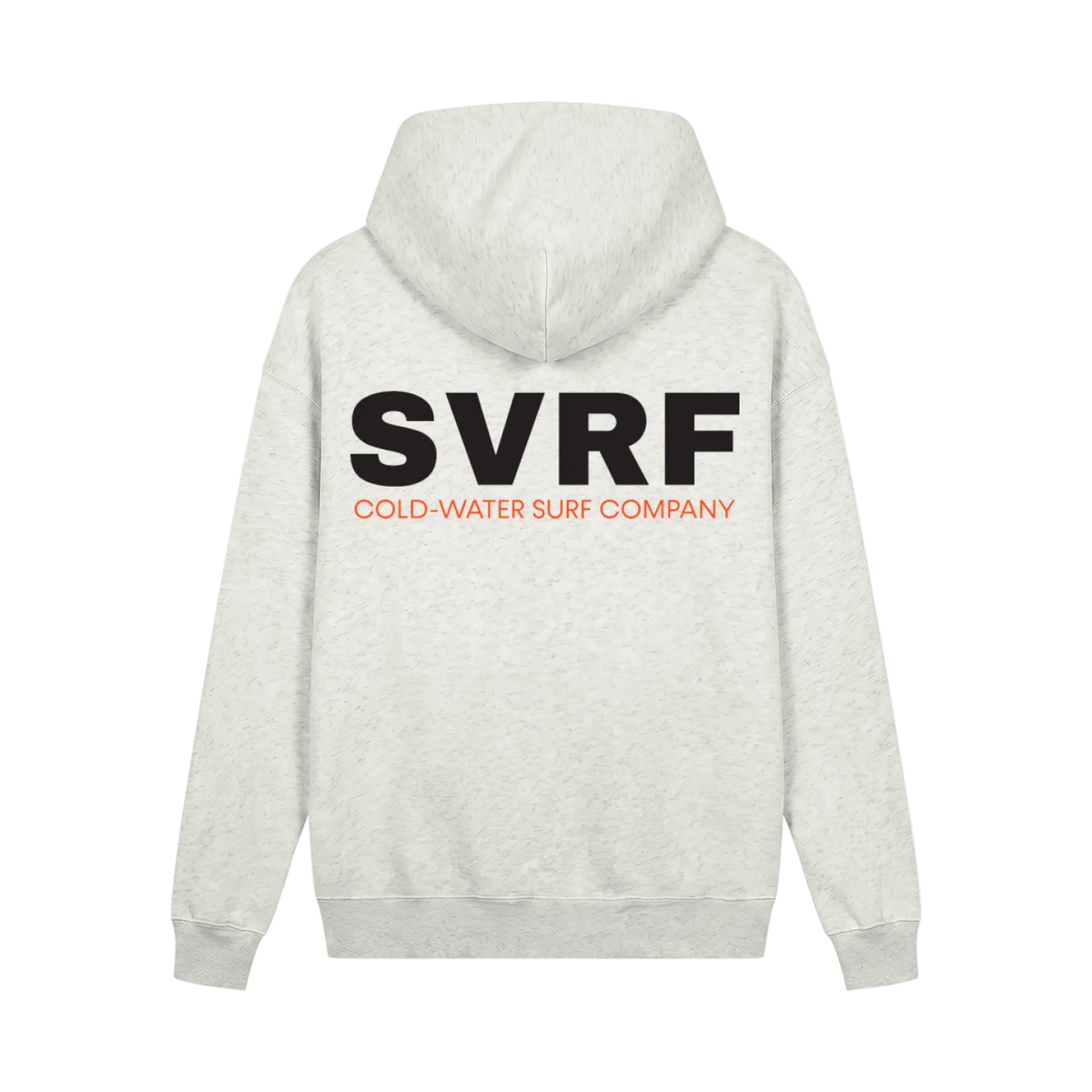 SVRF Core Hood in Oat, shown from the back with the large SVRF Cold-Water Surf Company print