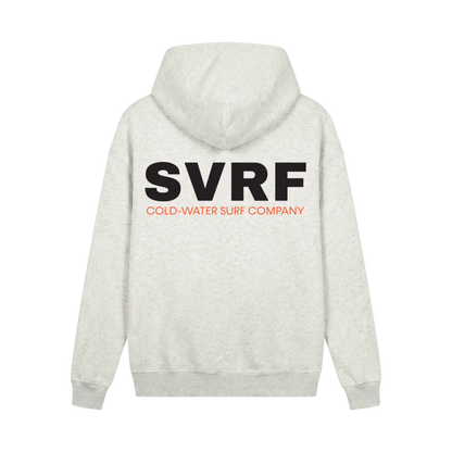 SVRF Core Hood in Oat, shown from the back with the large SVRF Cold-Water Surf Company print