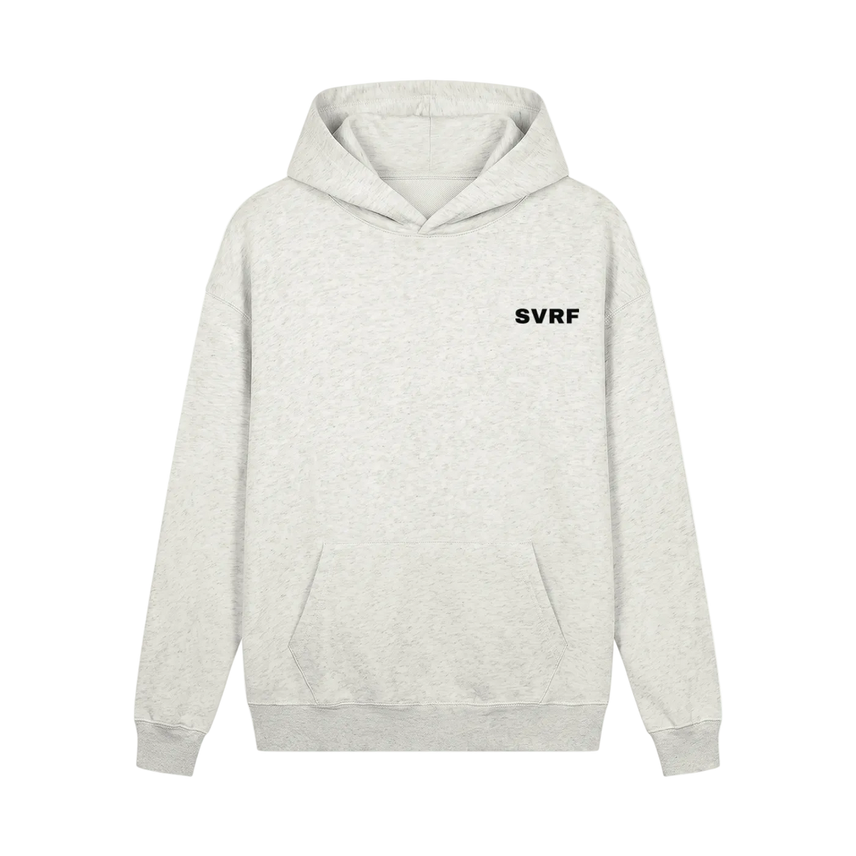 SVRF Core Hood in Oat, a pale ecru marl heavyweight hooded sweatshirt, shown from the front with a small SVRF chest logo