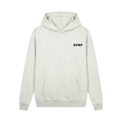SVRF Core Hood in Oat, a pale ecru marl heavyweight hooded sweatshirt, shown from the front with a small SVRF chest logo