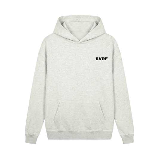 SVRF Core Hood in Oat, a pale ecru marl heavyweight hooded sweatshirt, shown from the front with a small SVRF chest logo