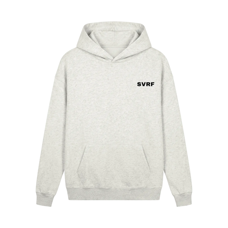 SVRF Core Hood in Oat, a pale ecru marl heavyweight hooded sweatshirt, shown from the front with a small SVRF chest logo