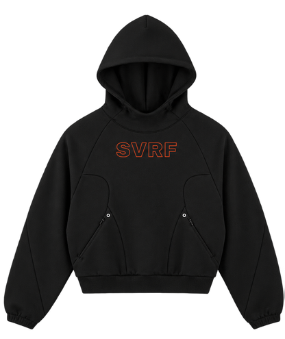 SVRF Raglan Hood in black, front, with orange outline SVRF chest print, curved front panels and two zipped pockets