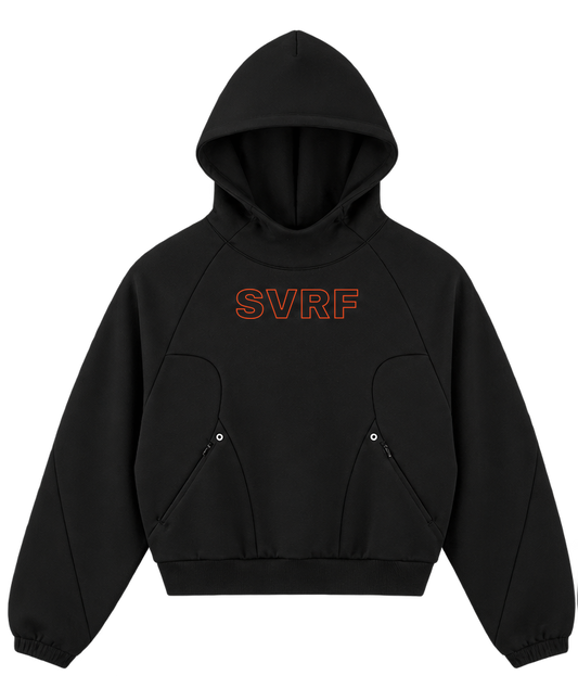 SVRF Raglan Hood in black, front, with orange outline SVRF chest print, curved front panels and two zipped pockets
