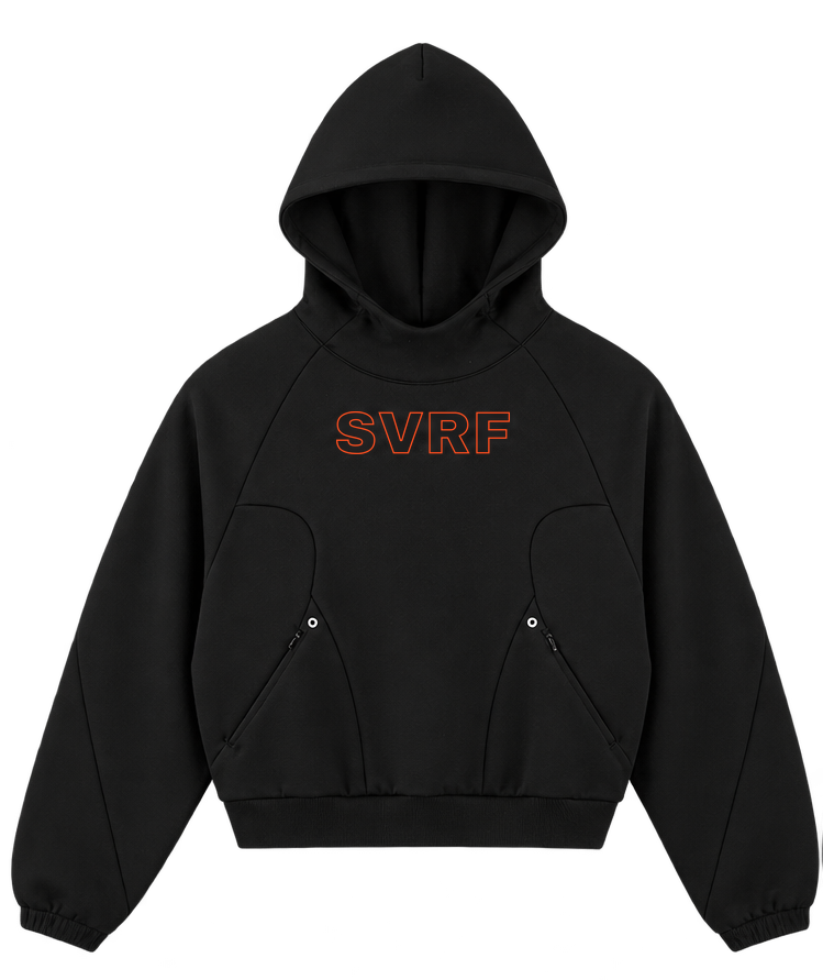 SVRF Raglan Hood in black, front, with orange outline SVRF chest print, curved front panels and two zipped pockets