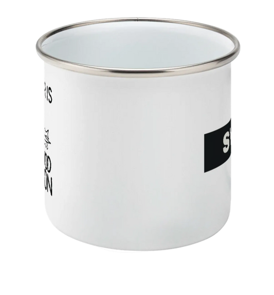 SVRF Enamel Mug in white, side view with both prints wrapping out of sight